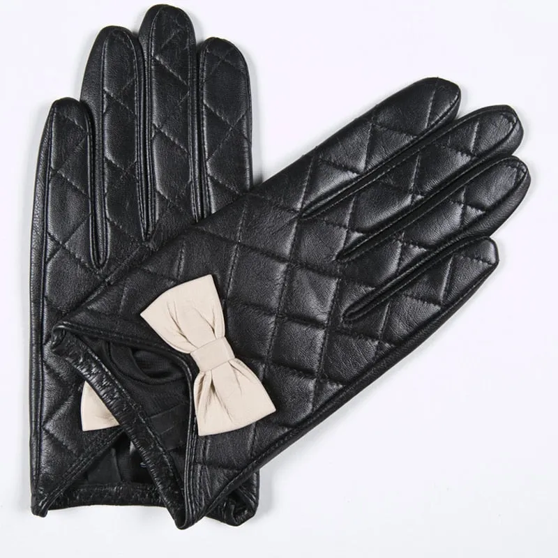 Women's Winter Genuine Goatskin Leather Touch Screen Bow Cute Gloves