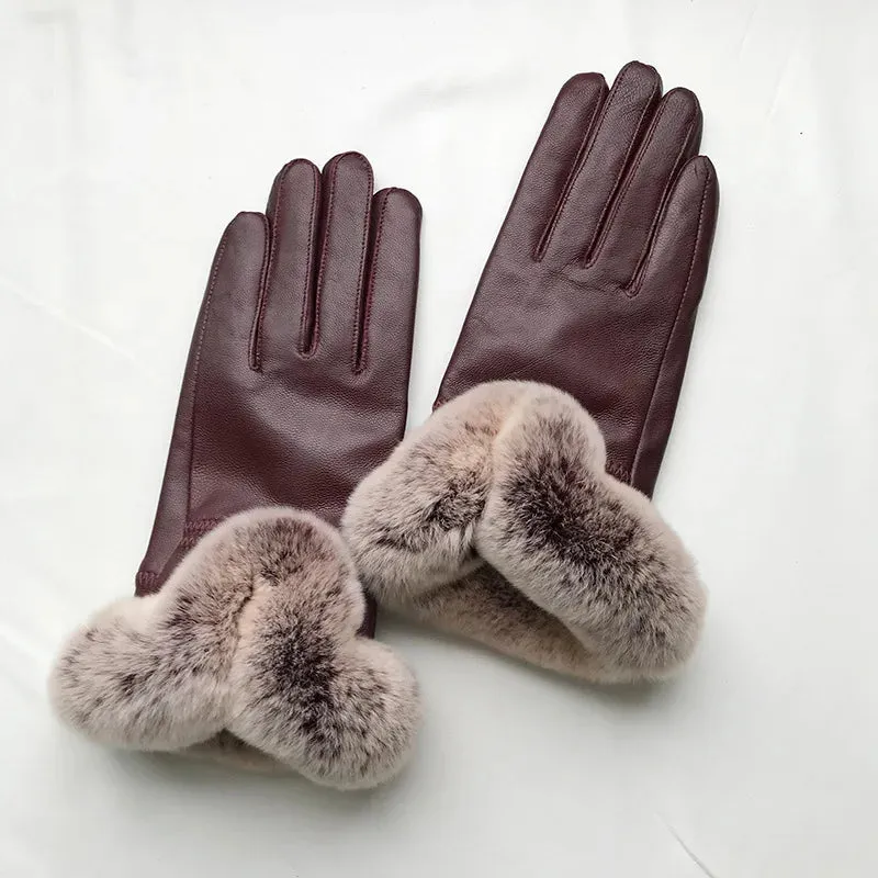 Women's Winter Warm Genuine Leather Real Rex Rabbit Fur Gloves