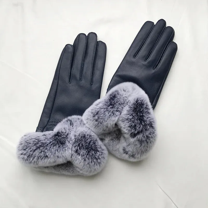 Women's Winter Warm Genuine Leather Real Rex Rabbit Fur Gloves