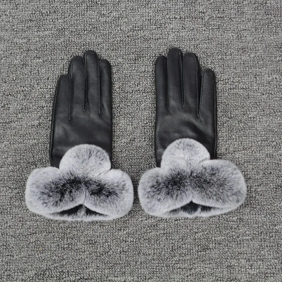 Women's Winter Warm Genuine Leather Real Rex Rabbit Fur Gloves