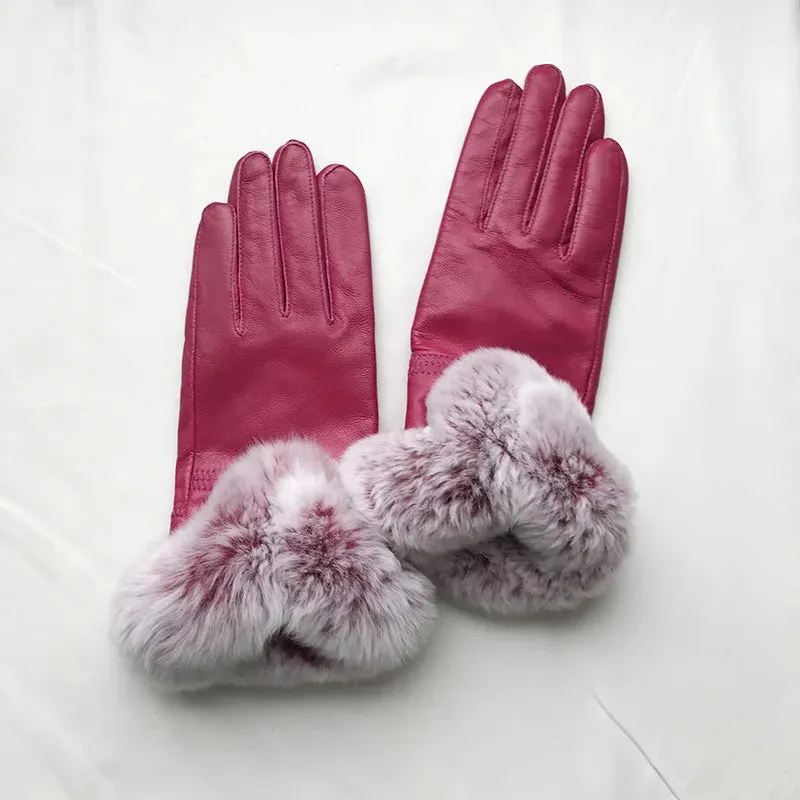 Women's Winter Warm Genuine Leather Real Rex Rabbit Fur Gloves