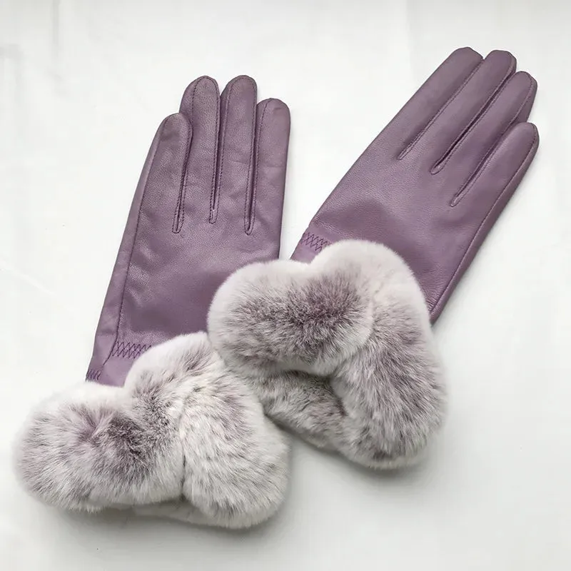 Women's Winter Warm Genuine Leather Real Rex Rabbit Fur Gloves