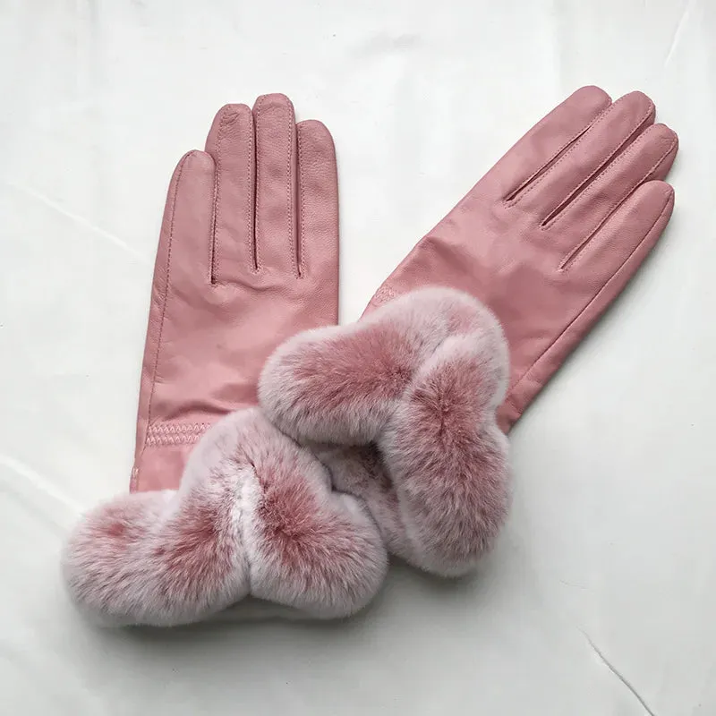 Women's Winter Warm Genuine Leather Real Rex Rabbit Fur Gloves