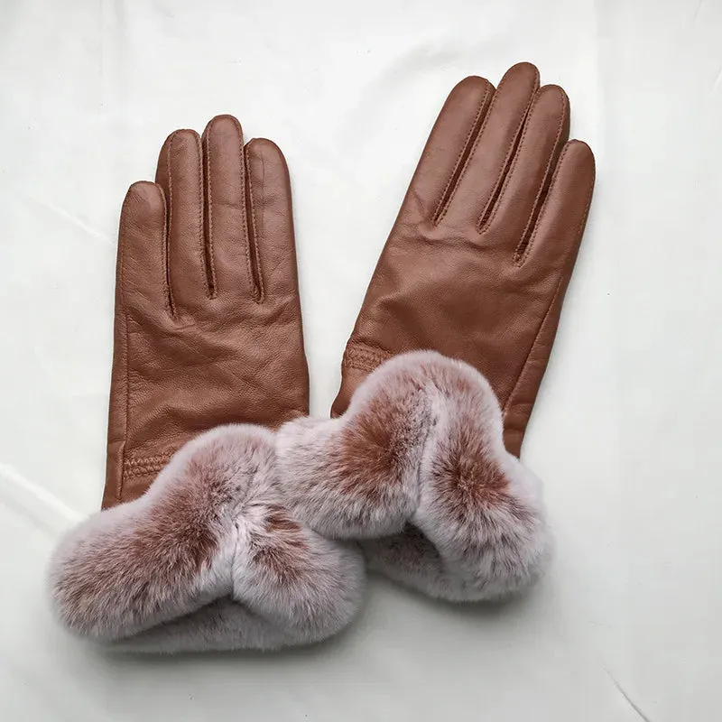 Women's Winter Warm Genuine Leather Real Rex Rabbit Fur Gloves