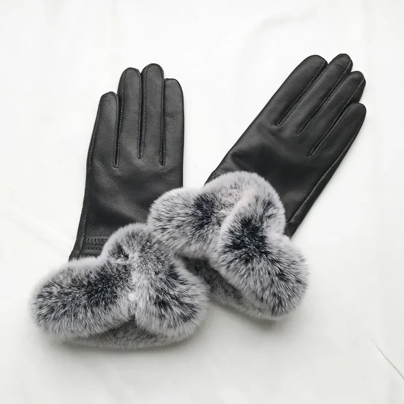 Women's Winter Warm Genuine Leather Real Rex Rabbit Fur Gloves