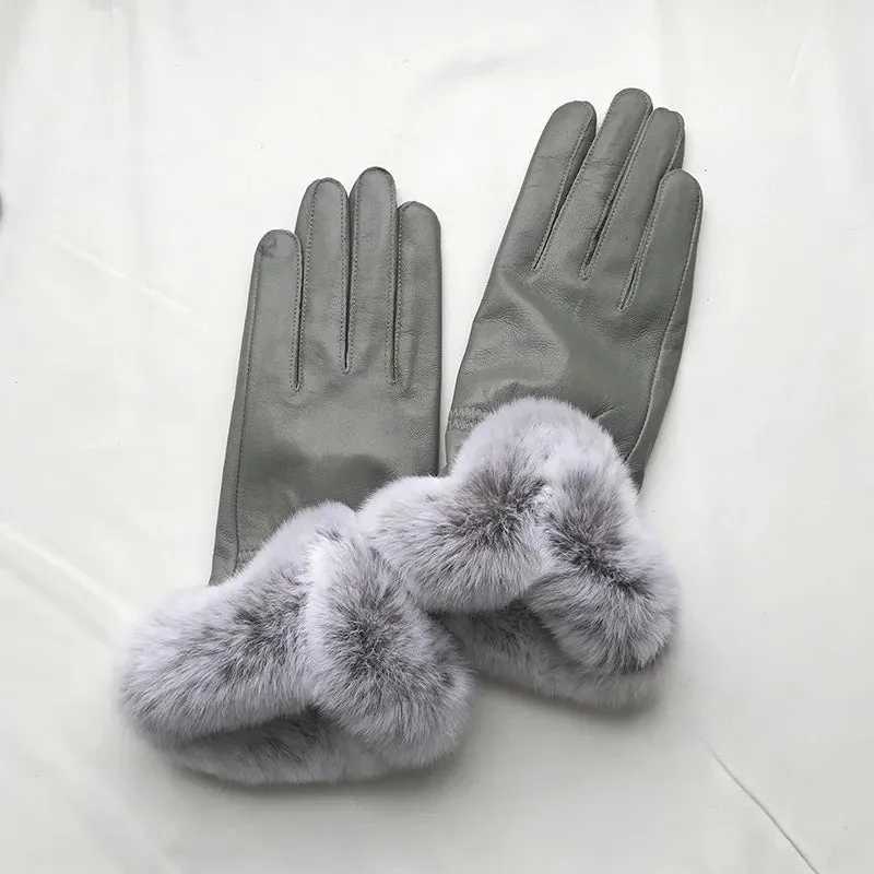 Women's Winter Warm Genuine Leather Real Rex Rabbit Fur Gloves