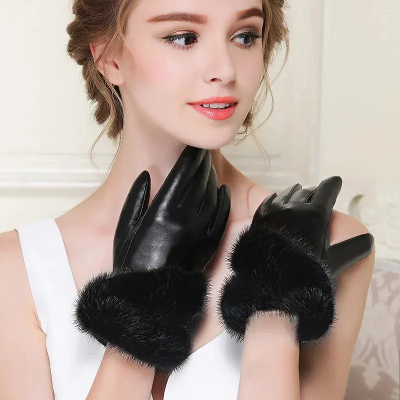 Women's Winter Warm Mink Fur Real Sheepskin Leather Touch Screen Gloves