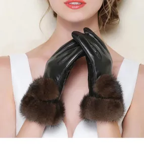 Women's Winter Warm Mink Fur Real Sheepskin Leather Touch Screen Gloves