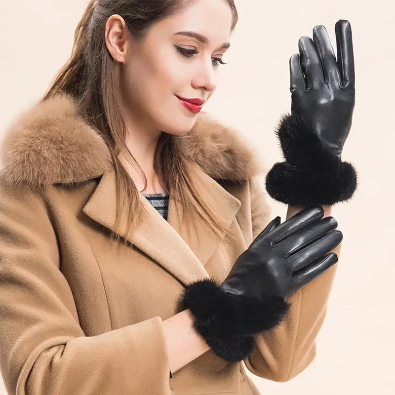 Women's Winter Warm Mink Fur Real Sheepskin Leather Touch Screen Gloves