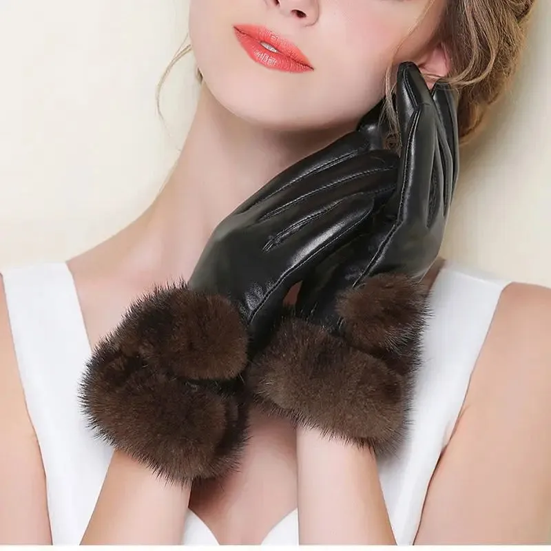 Women's Winter Warm Mink Fur Real Sheepskin Leather Touch Screen Gloves