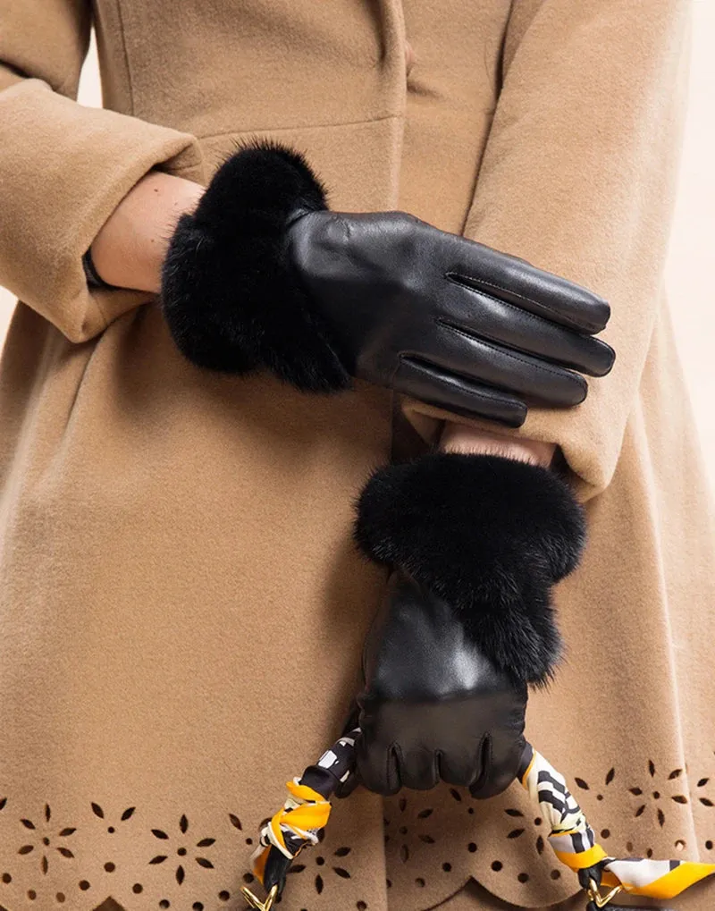 Women's Winter Warm Mink Fur Real Sheepskin Leather Touch Screen Gloves