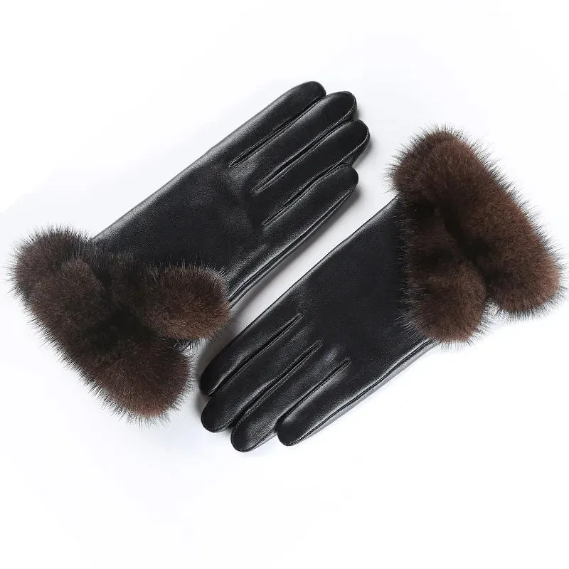 Women's Winter Warm Mink Fur Real Sheepskin Leather Touch Screen Gloves