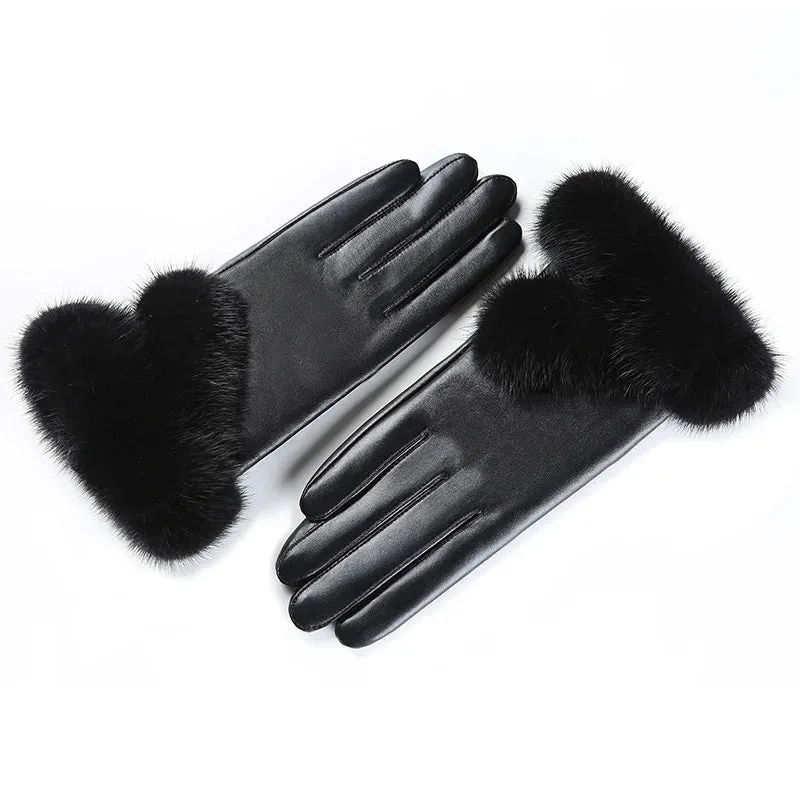 Women's Winter Warm Mink Fur Real Sheepskin Leather Touch Screen Gloves