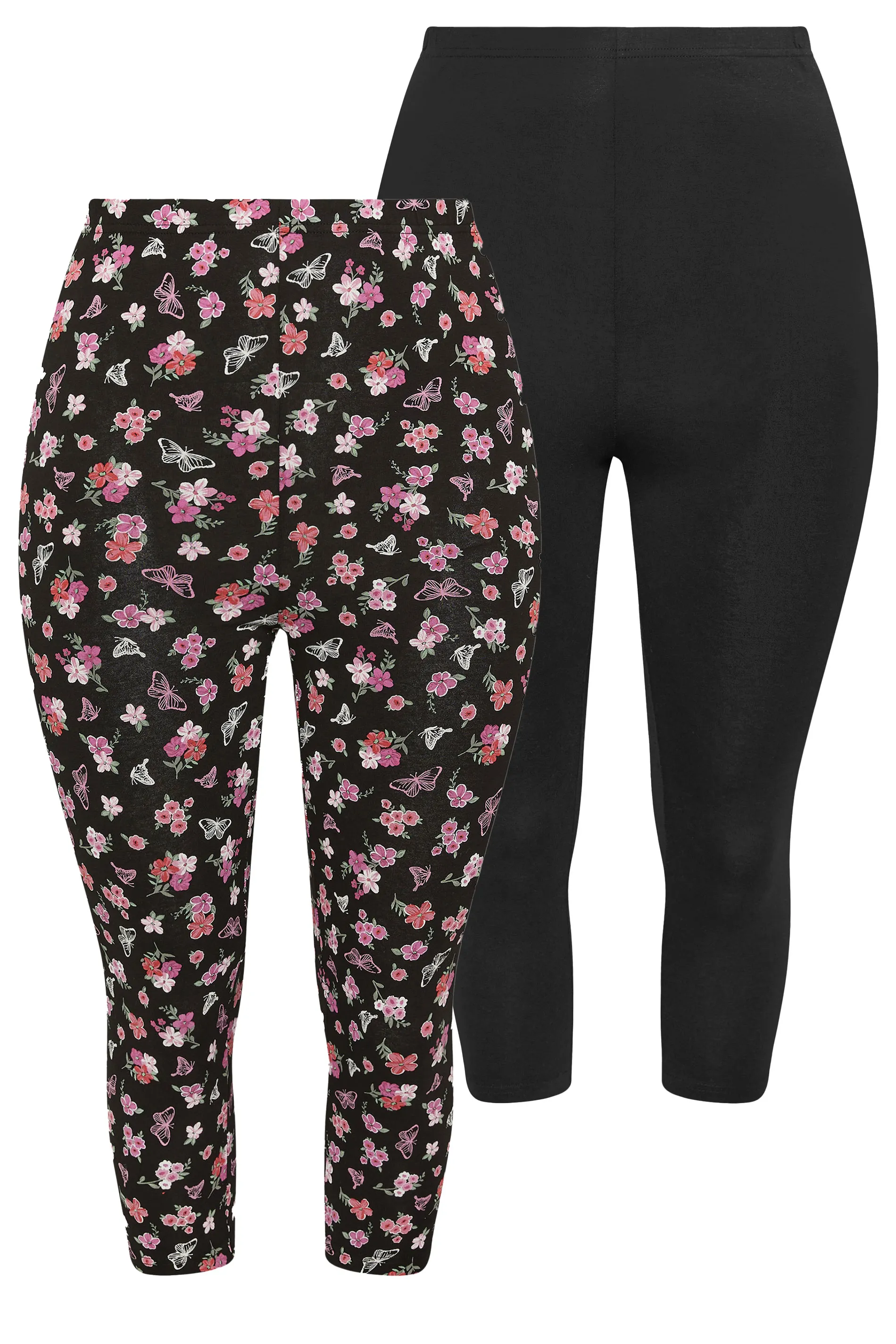 YOURS Curve 2 PACK Black Butterfly Print Cropped Leggings