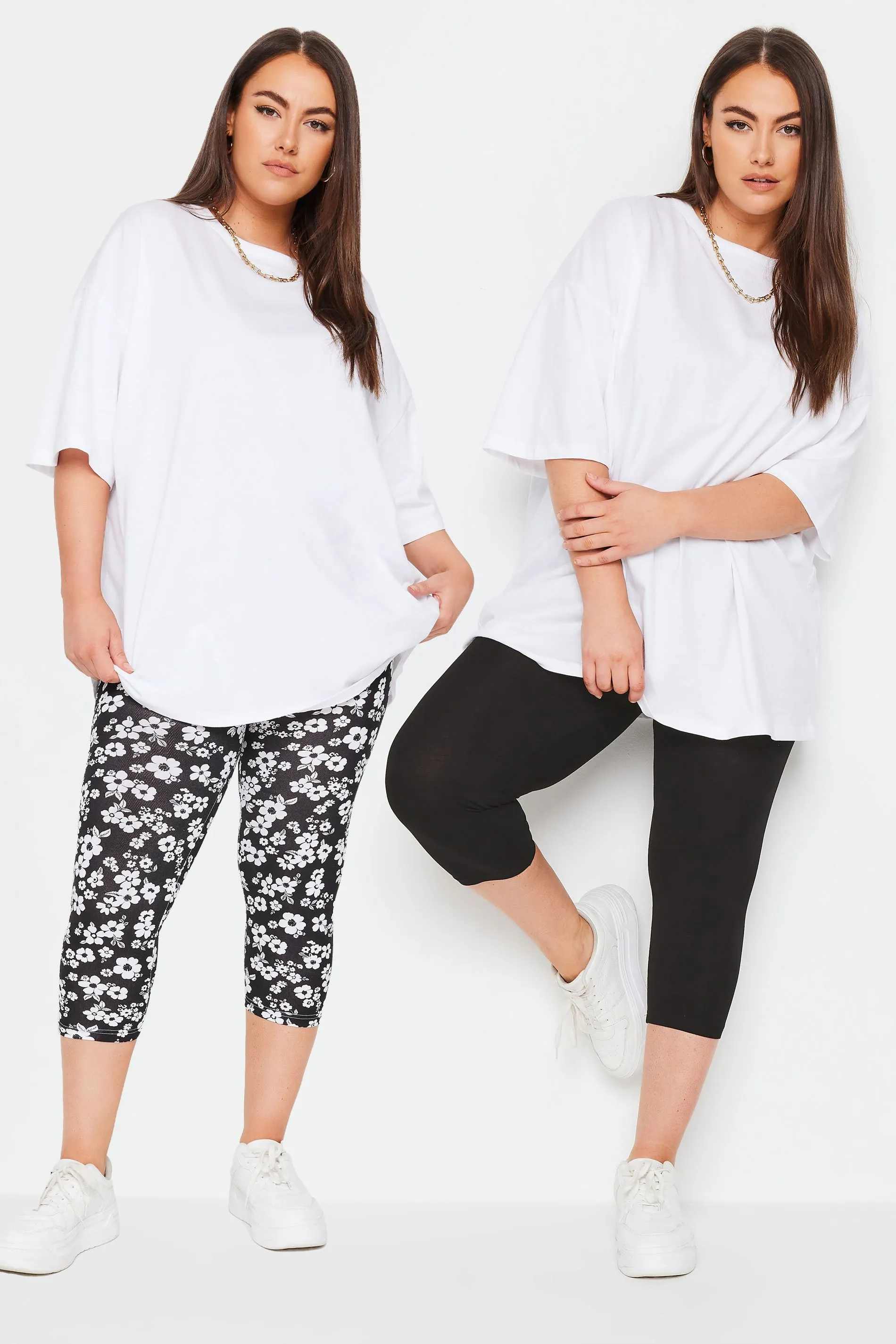 YOURS Curve 2 PACK Black Floral Print Cropped Leggings