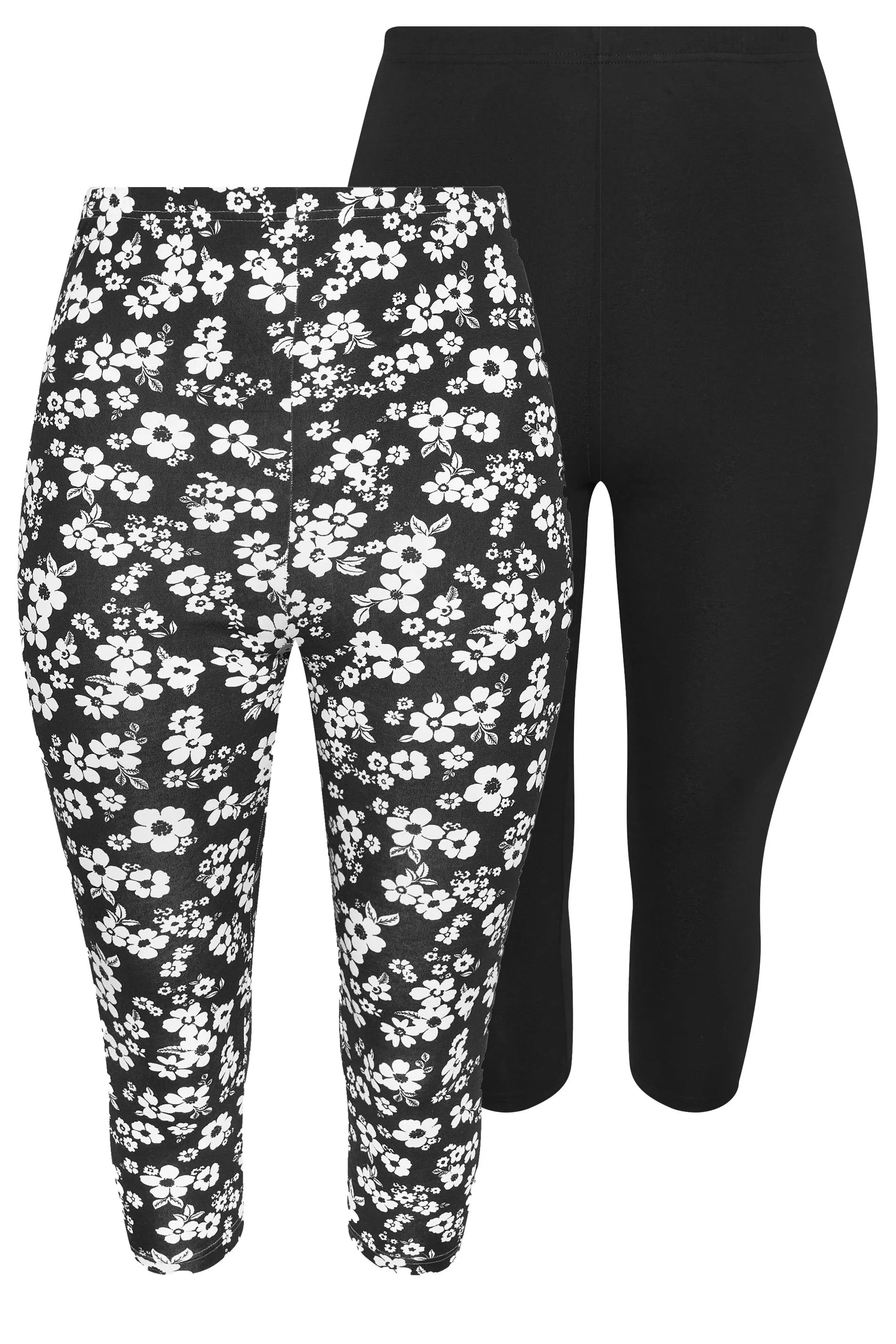 YOURS Curve 2 PACK Black Floral Print Cropped Leggings