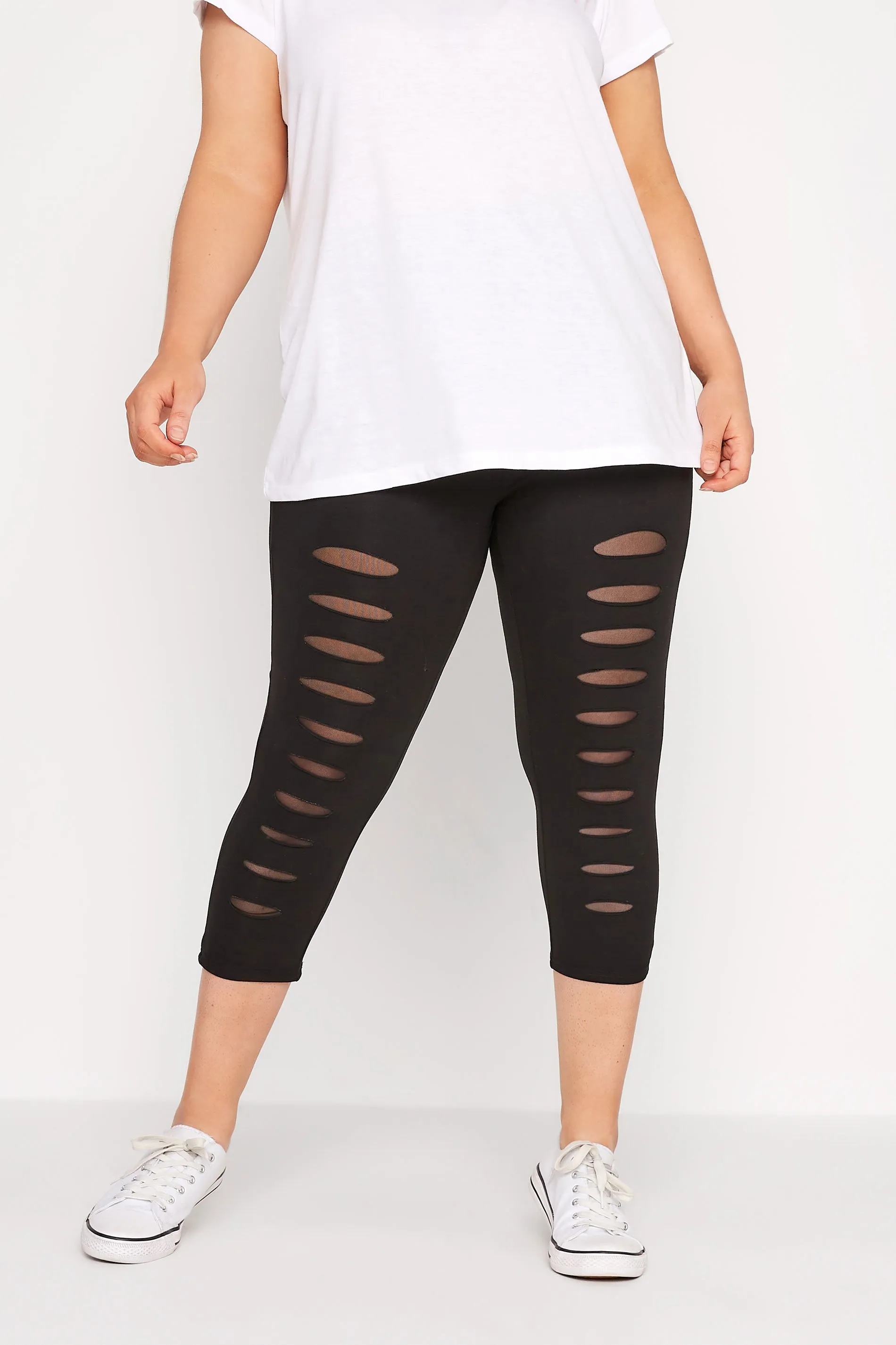 YOURS Curve Black Ripped Mesh Insert Stretch Cropped Leggings