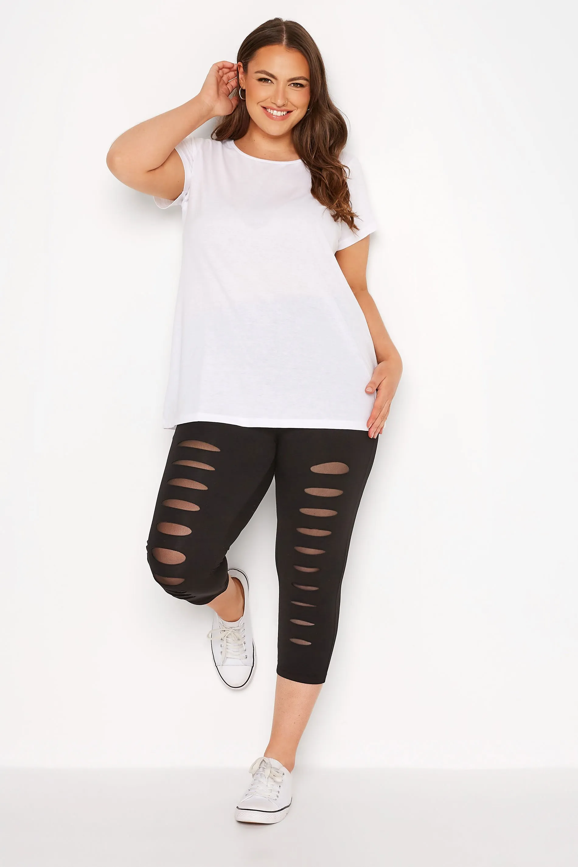 YOURS Curve Black Ripped Mesh Insert Stretch Cropped Leggings