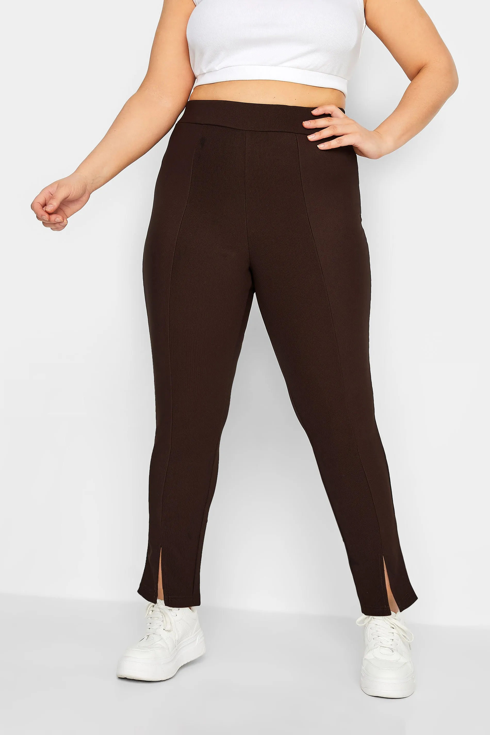 YOURS Curve Chocolate Brown Ribbed Split Hem Stretch Leggings