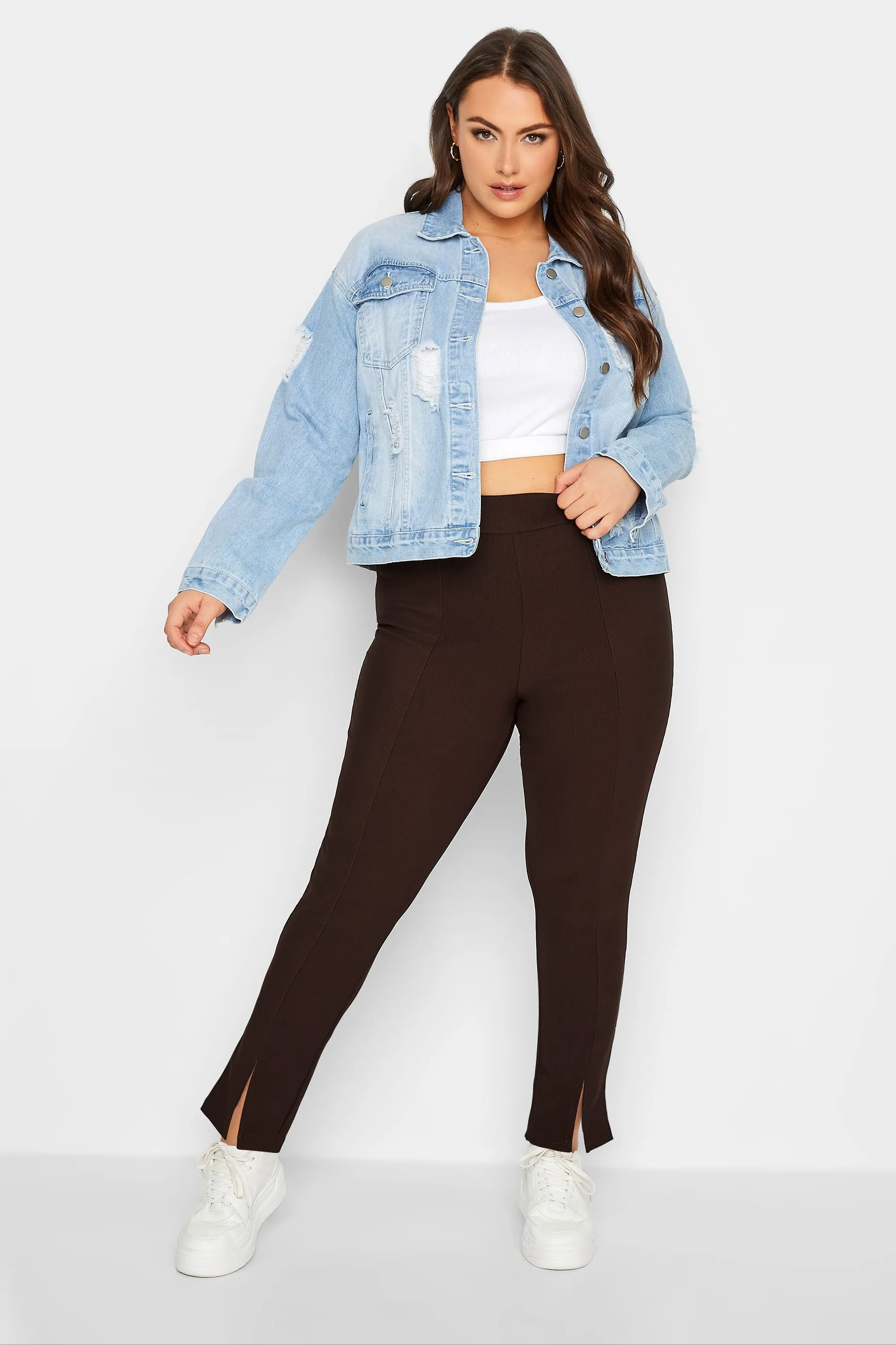 YOURS Curve Chocolate Brown Ribbed Split Hem Stretch Leggings