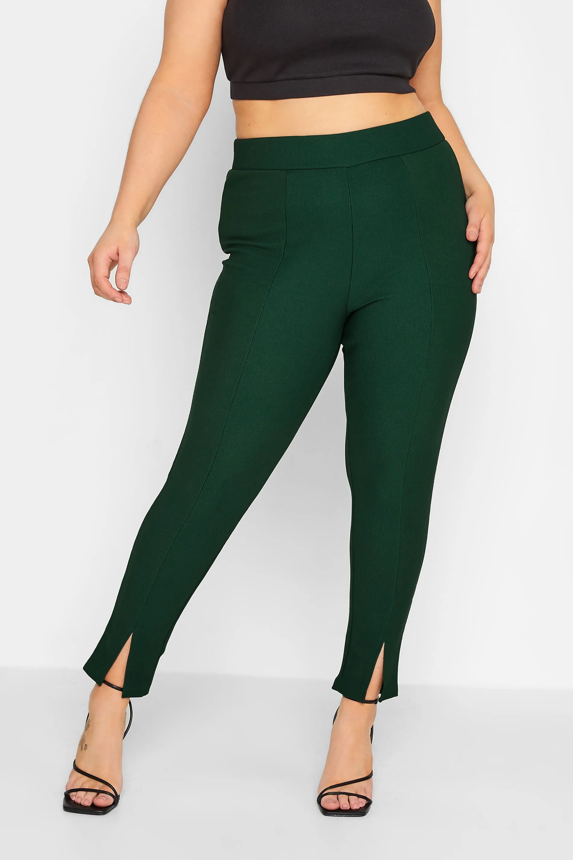 YOURS Curve Forest Green Ribbed Split Hem Stretch Leggings