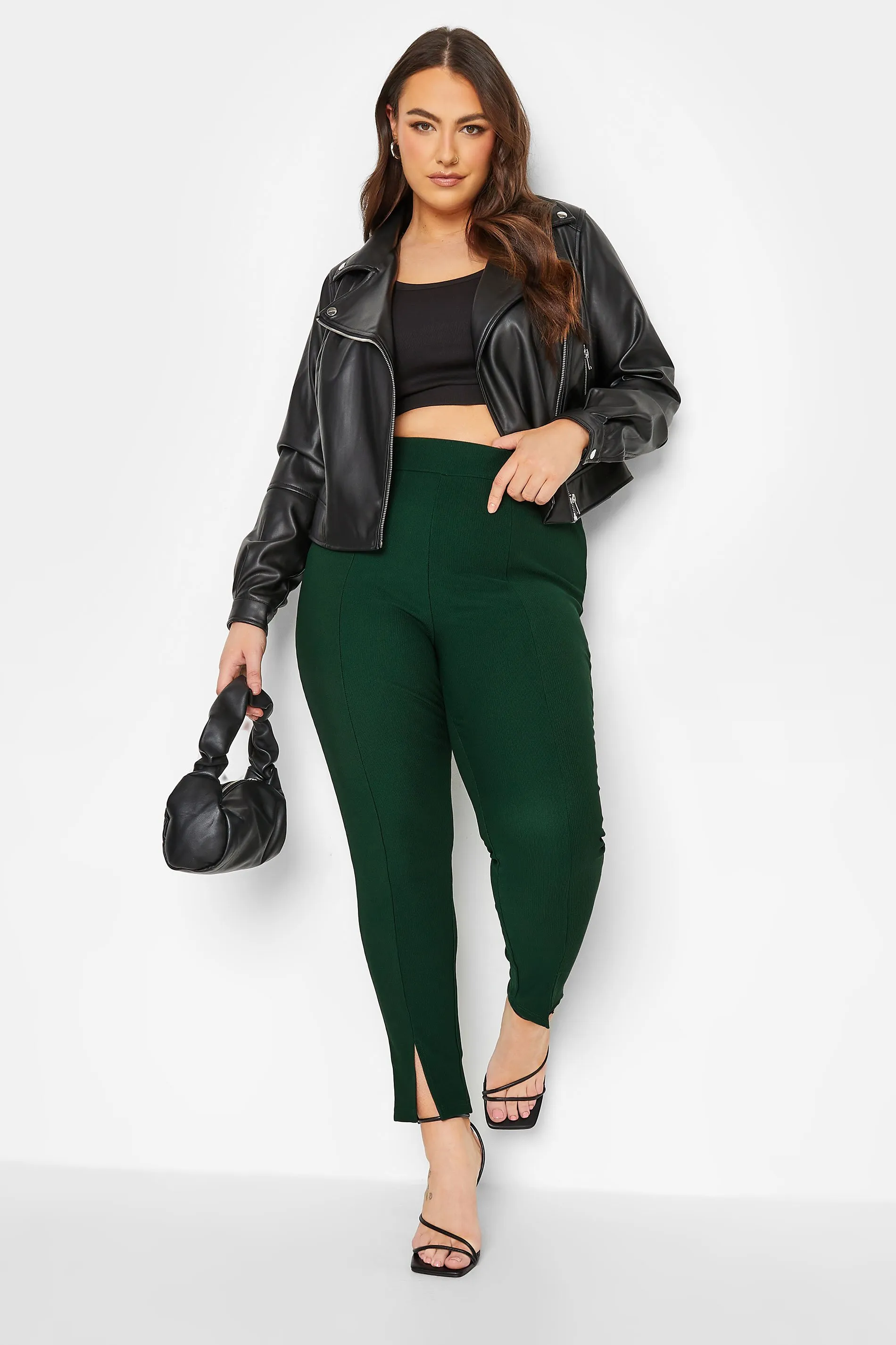 YOURS Curve Forest Green Ribbed Split Hem Stretch Leggings