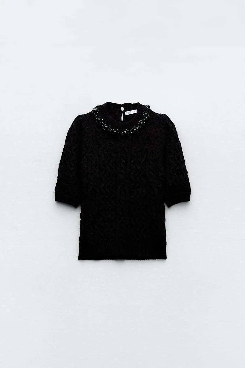 ZARA  |BEADED EMBROIDERED KNIT CARDIGAN