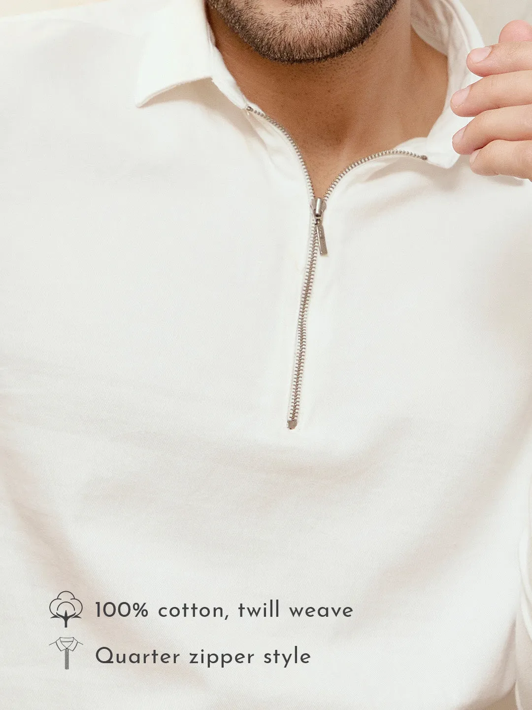 Zipper Collar Cotton Twill White Shirt - Zip Log